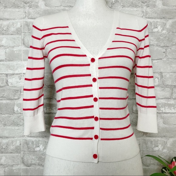 CACHE CACHE White & Red Striped Button Down Quarter Sleeve Cardigan Sweater Sm - Picture 1 of 13
